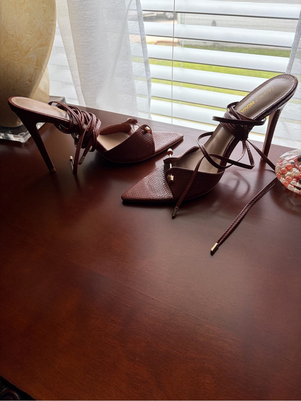 Fashion Nova Brown Pointed Toe Lace-Up Stiletto Sandals